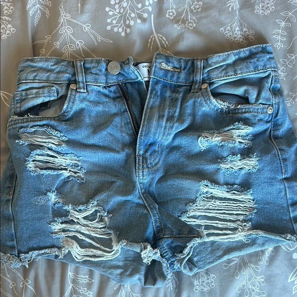 Refuge Blue Distressed Jean Shorts with Frayed Hem